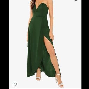 Women's Bandeau Off Shoulder Flared Party Split Long Dress Green